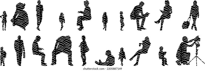 Vector silhouettes, Outline silhouettes of people, Contour drawing, people silhouette, Icon Set Isolated, Silhouette of sitting people, Architectural set	

