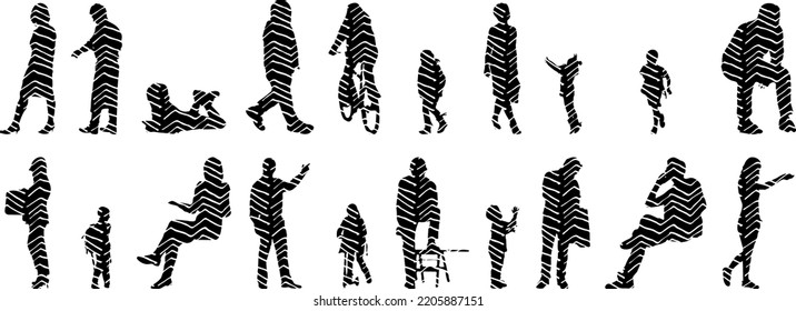 Vector silhouettes, Outline silhouettes of people, Contour drawing, people silhouette, Icon Set Isolated, Silhouette of sitting people, Architectural set	
