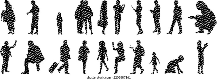 Vector silhouettes, Outline silhouettes of people, Contour drawing, people silhouette, Icon Set Isolated, Silhouette of sitting people, Architectural set	
