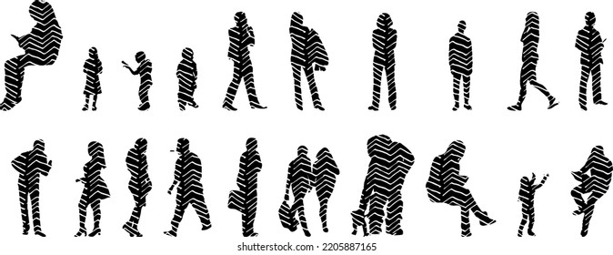 Vector silhouettes, Outline silhouettes of people, Contour drawing, people silhouette, Icon Set Isolated, Silhouette of sitting people, Architectural set	
