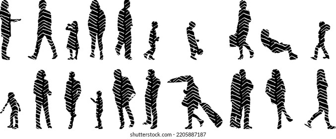 Vector silhouettes, Outline silhouettes of people, Contour drawing, people silhouette, Icon Set Isolated, Silhouette of sitting people, Architectural set	
