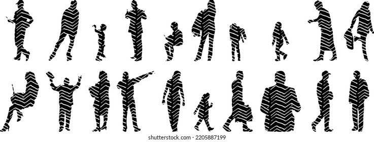 Vector silhouettes, Outline silhouettes of people, Contour drawing, people silhouette, Icon Set Isolated, Silhouette of sitting people, Architectural set	
