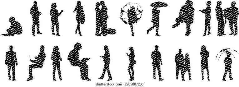 Vector silhouettes, Outline silhouettes of people, Contour drawing, people silhouette, Icon Set Isolated, Silhouette of sitting people, Architectural set	
