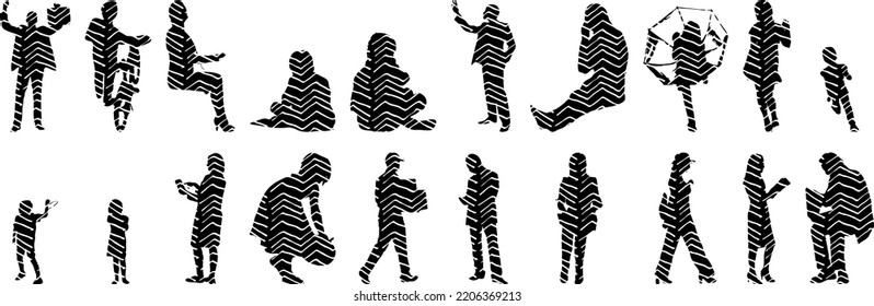 Vector silhouettes, Outline silhouettes of people, Contour drawing, people silhouette, Icon Set Isolated, Silhouette of sitting people, Architectural set	
