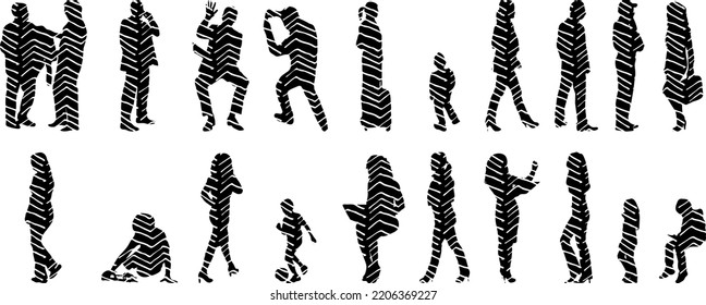 Vector silhouettes, Outline silhouettes of people, Contour drawing, people silhouette, Icon Set Isolated, Silhouette of sitting people, Architectural set	
