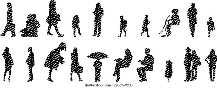 Vector silhouettes, Outline silhouettes of people, Contour drawing, people silhouette, Icon Set Isolated, Silhouette of sitting people, Architectural set	
