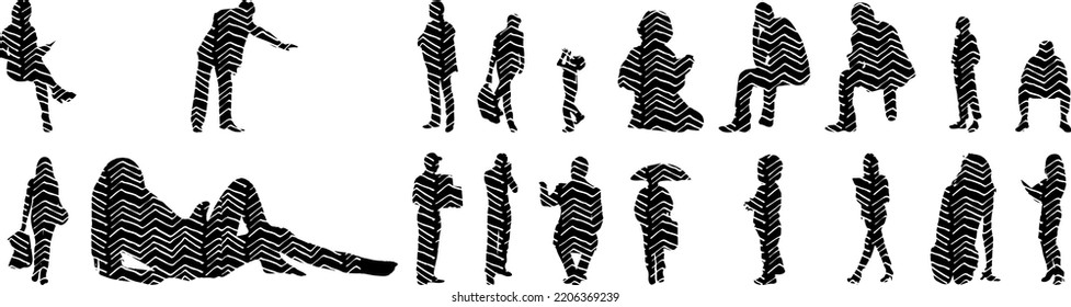 Vector silhouettes, Outline silhouettes of people, Contour drawing, people silhouette, Icon Set Isolated, Silhouette of sitting people, Architectural set	
