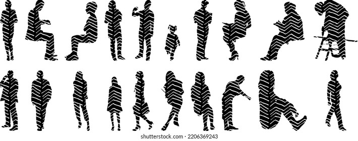 Vector silhouettes, Outline silhouettes of people, Contour drawing, people silhouette, Icon Set Isolated, Silhouette of sitting people, Architectural set	
