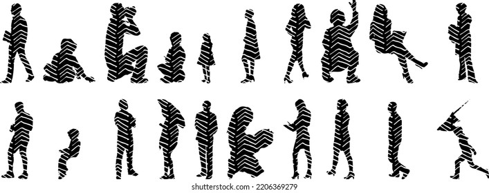 Vector silhouettes, Outline silhouettes of people, Contour drawing, people silhouette, Icon Set Isolated, Silhouette of sitting people, Architectural set	

