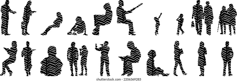 Vector silhouettes, Outline silhouettes of people, Contour drawing, people silhouette, Icon Set Isolated, Silhouette of sitting people, Architectural set	
