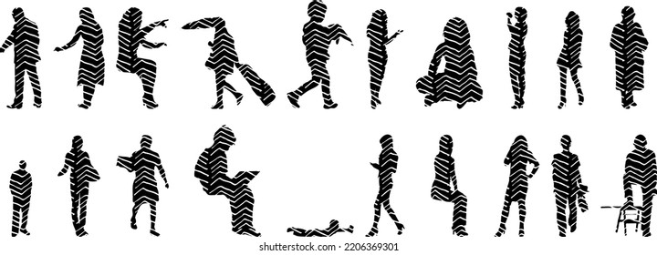 Vector silhouettes, Outline silhouettes of people, Contour drawing, people silhouette, Icon Set Isolated, Silhouette of sitting people, Architectural set	
