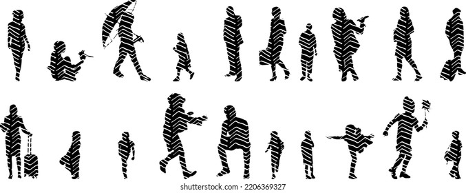 Vector silhouettes, Outline silhouettes of people, Contour drawing, people silhouette, Icon Set Isolated, Silhouette of sitting people, Architectural set	
