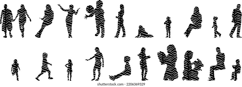 Vector silhouettes, Outline silhouettes of people, Contour drawing, people silhouette, Icon Set Isolated, Silhouette of sitting people, Architectural set	
