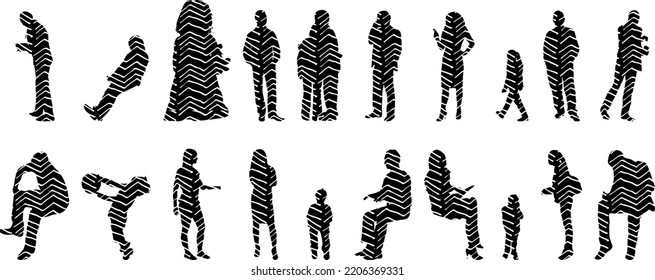 Vector silhouettes, Outline silhouettes of people, Contour drawing, people silhouette, Icon Set Isolated, Silhouette of sitting people, Architectural set	
