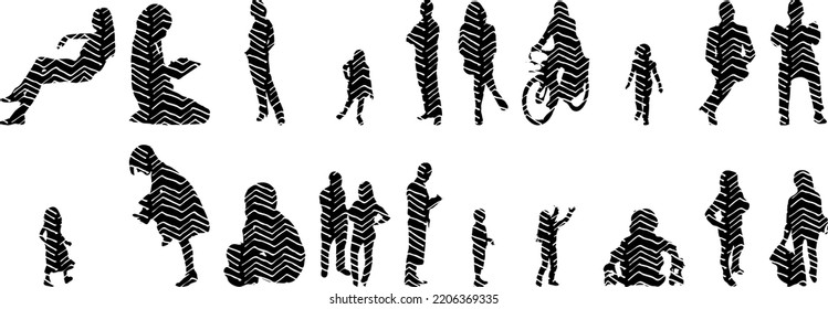 Vector silhouettes, Outline silhouettes of people, Contour drawing, people silhouette, Icon Set Isolated, Silhouette of sitting people, Architectural set	
