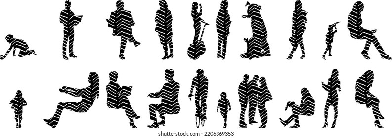Vector silhouettes, Outline silhouettes of people, Contour drawing, people silhouette, Icon Set Isolated, Silhouette of sitting people, Architectural set	
