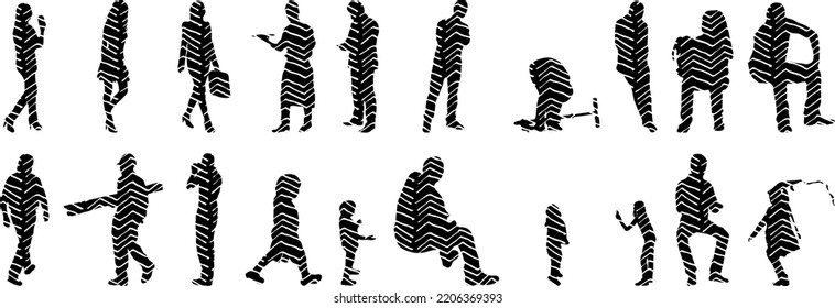 Vector silhouettes, Outline silhouettes of people, Contour drawing, people silhouette, Icon Set Isolated, Silhouette of sitting people, Architectural set	
