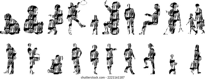 Vector silhouettes, Outline silhouettes of people, Contour drawing, people silhouette, Icon Set Isolated, Silhouette of sitting people, Architectural set	
