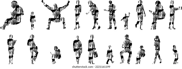 Vector silhouettes, Outline silhouettes of people, Contour drawing, people silhouette, Icon Set Isolated, Silhouette of sitting people, Architectural set	
