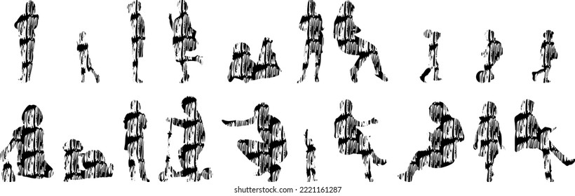 Vector silhouettes, Outline silhouettes of people, Contour drawing, people silhouette, Icon Set Isolated, Silhouette of sitting people, Architectural set	
