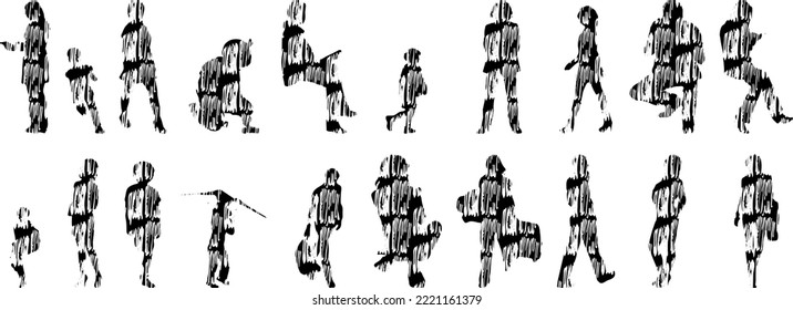 Vector silhouettes, Outline silhouettes of people, Contour drawing, people silhouette, Icon Set Isolated, Silhouette of sitting people, Architectural set	
