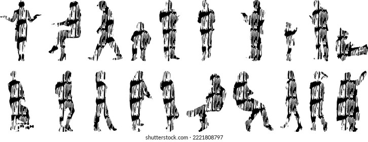 Vector silhouettes, Outline silhouettes of people, Contour drawing, people silhouette, Icon Set Isolated, Silhouette of sitting people, Architectural set	