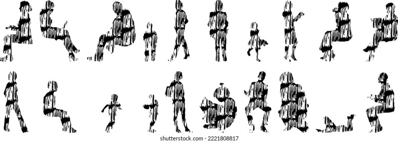 Vector silhouettes, Outline silhouettes of people, Contour drawing, people silhouette, Icon Set Isolated, Silhouette of sitting people, Architectural set	