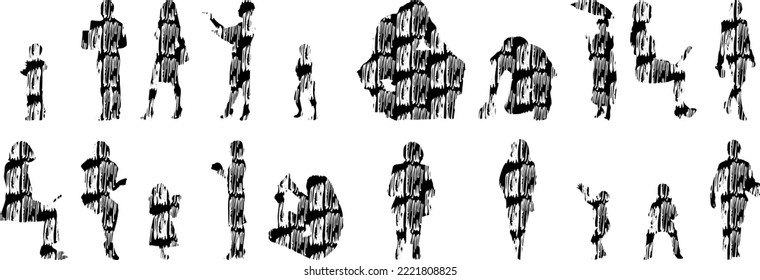 Vector silhouettes, Outline silhouettes of people, Contour drawing, people silhouette, Icon Set Isolated, Silhouette of sitting people, Architectural set	