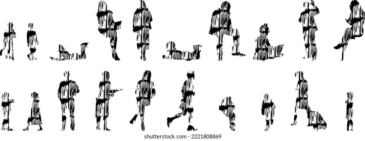 Vector silhouettes, Outline silhouettes of people, Contour drawing, people silhouette, Icon Set Isolated, Silhouette of sitting people, Architectural set	