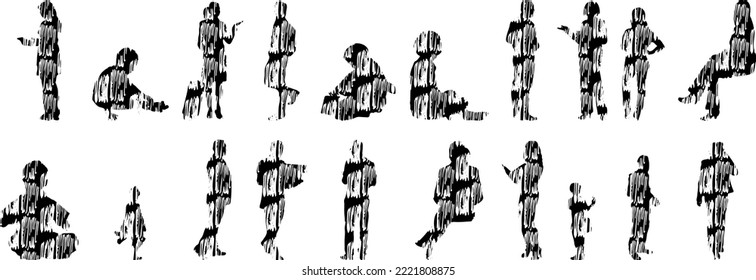Vector silhouettes, Outline silhouettes of people, Contour drawing, people silhouette, Icon Set Isolated, Silhouette of sitting people, Architectural set	