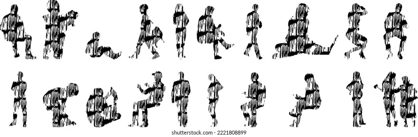 Vector silhouettes, Outline silhouettes of people, Contour drawing, people silhouette, Icon Set Isolated, Silhouette of sitting people, Architectural set	