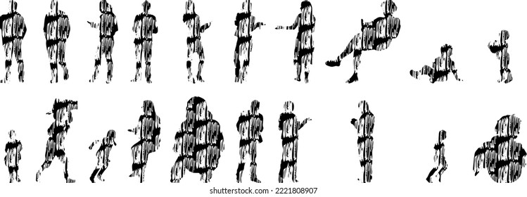 Vector silhouettes, Outline silhouettes of people, Contour drawing, people silhouette, Icon Set Isolated, Silhouette of sitting people, Architectural set	