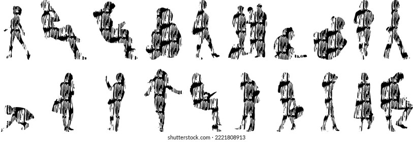 Vector silhouettes, Outline silhouettes of people, Contour drawing, people silhouette, Icon Set Isolated, Silhouette of sitting people, Architectural set	