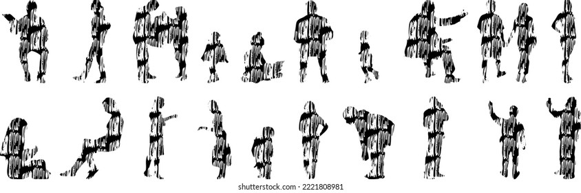 Siluetas vectoriales, Siluetas de contorno de personas, Dibujo de contorno, silueta de personas, Conjunto de iconos aislados, Silueta de personas sentadas, Conjunto arquitectónico	