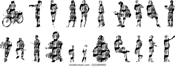 Vector silhouettes, Outline silhouettes of people, Contour drawing, people silhouette, Icon Set Isolated, Silhouette of sitting people, Architectural set	