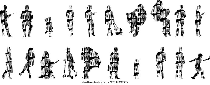 Vector silhouettes, Outline silhouettes of people, Contour drawing, people silhouette, Icon Set Isolated, Silhouette of sitting people, Architectural set	