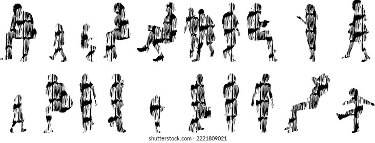 Vector silhouettes, Outline silhouettes of people, Contour drawing, people silhouette, Icon Set Isolated, Silhouette of sitting people, Architectural set	