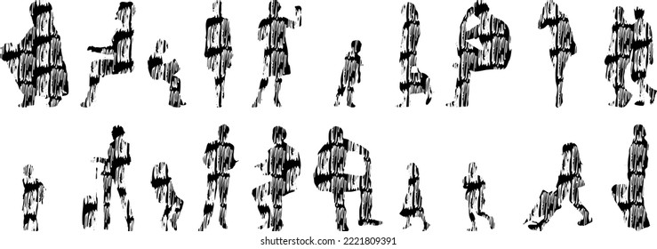 Vector silhouettes, Outline silhouettes of people, Contour drawing, people silhouette, Icon Set Isolated, Silhouette of sitting people, Architectural set	
