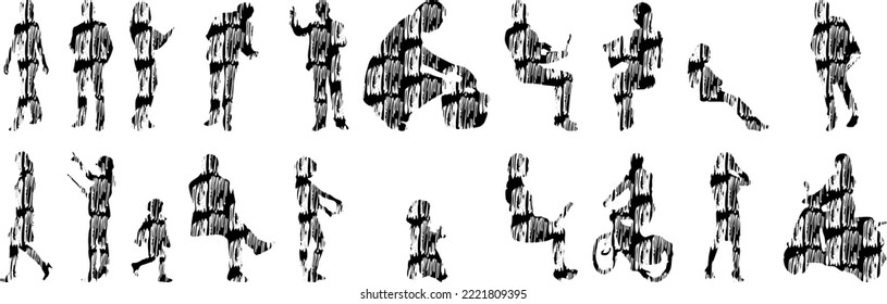 Vector silhouettes, Outline silhouettes of people, Contour drawing, people silhouette, Icon Set Isolated, Silhouette of sitting people, Architectural set	
