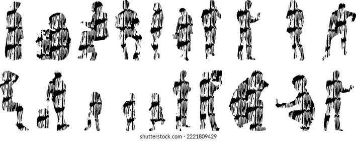 Vector silhouettes, Outline silhouettes of people, Contour drawing, people silhouette, Icon Set Isolated, Silhouette of sitting people, Architectural set	
