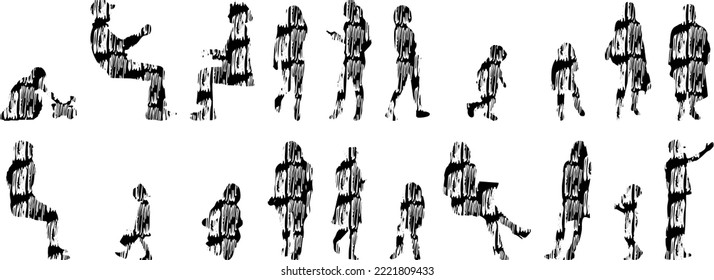 Vector silhouettes, Outline silhouettes of people, Contour drawing, people silhouette, Icon Set Isolated, Silhouette of sitting people, Architectural set	
