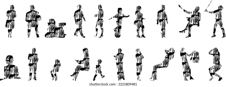 Vektor-Silhouetten, Silhouetten-Linien, Konturzeichnungen, Silhouette-Leute, Symbolsatz isoliert, Silhouette sitzender Menschen, Architekturset	
