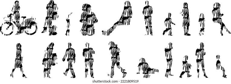 Vector silhouettes, Outline silhouettes of people, Contour drawing, people silhouette, Icon Set Isolated, Silhouette of sitting people, Architectural set	
