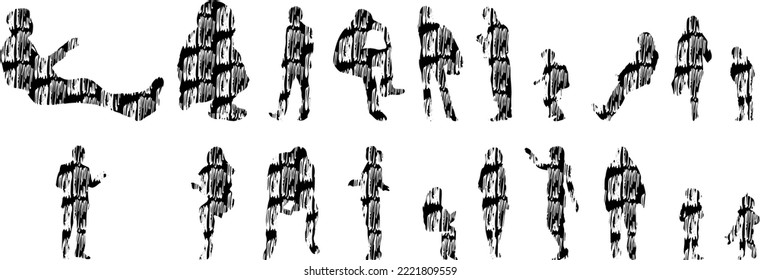 Vector silhouettes, Outline silhouettes of people, Contour drawing, people silhouette, Icon Set Isolated, Silhouette of sitting people, Architectural set	
