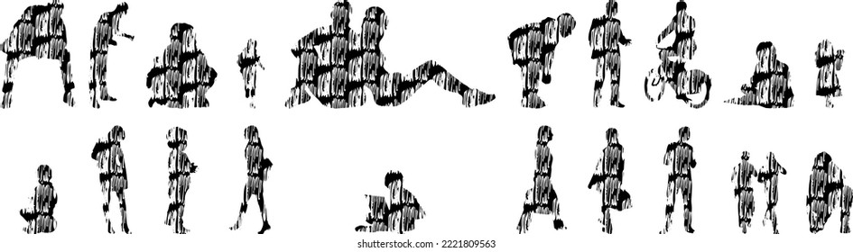 Vector silhouettes, Outline silhouettes of people, Contour drawing, people silhouette, Icon Set Isolated, Silhouette of sitting people, Architectural set	
