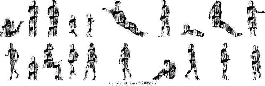 Siluetas vectoriales, Siluetas de contorno de personas, Dibujo de contorno, silueta de personas, Conjunto de iconos aislados, Silueta de personas sentadas, Conjunto arquitectónico	
