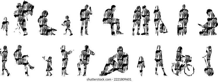 Vector silhouettes, Outline silhouettes of people, Contour drawing, people silhouette, Icon Set Isolated, Silhouette of sitting people, Architectural set	
