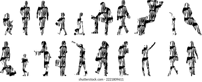Vector silhouettes, Outline silhouettes of people, Contour drawing, people silhouette, Icon Set Isolated, Silhouette of sitting people, Architectural set	
