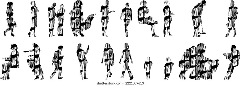 Vector silhouettes, Outline silhouettes of people, Contour drawing, people silhouette, Icon Set Isolated, Silhouette of sitting people, Architectural set	
