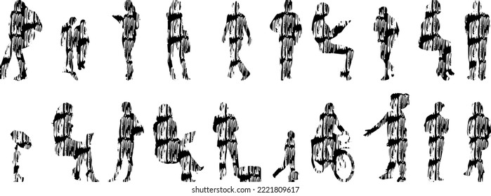 Vector silhouettes, Outline silhouettes of people, Contour drawing, people silhouette, Icon Set Isolated, Silhouette of sitting people, Architectural set	
